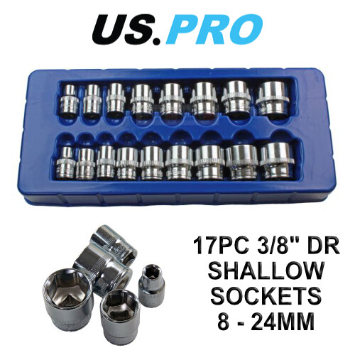 US PRO Tools 17pc 3/8 dr Shallow Sockets Set, Socket 6 Point 8-24mm 1376