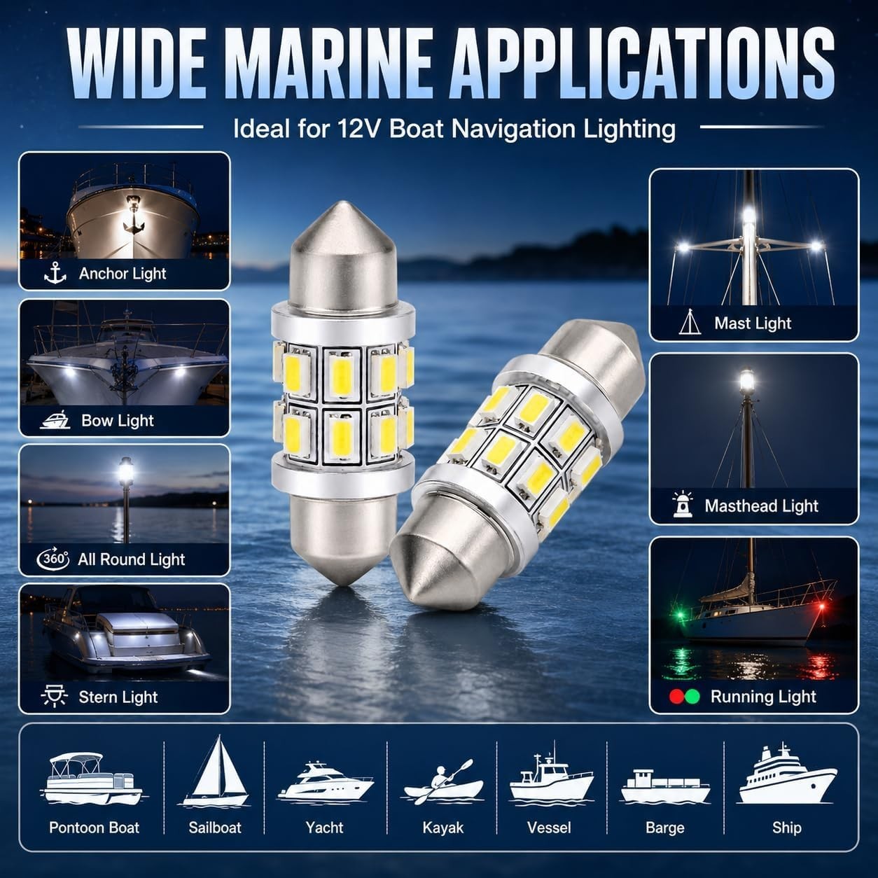 2-Pack 31mm Marine LED Bulbs – Reliable Lighting for Sailing & Navigation Needs