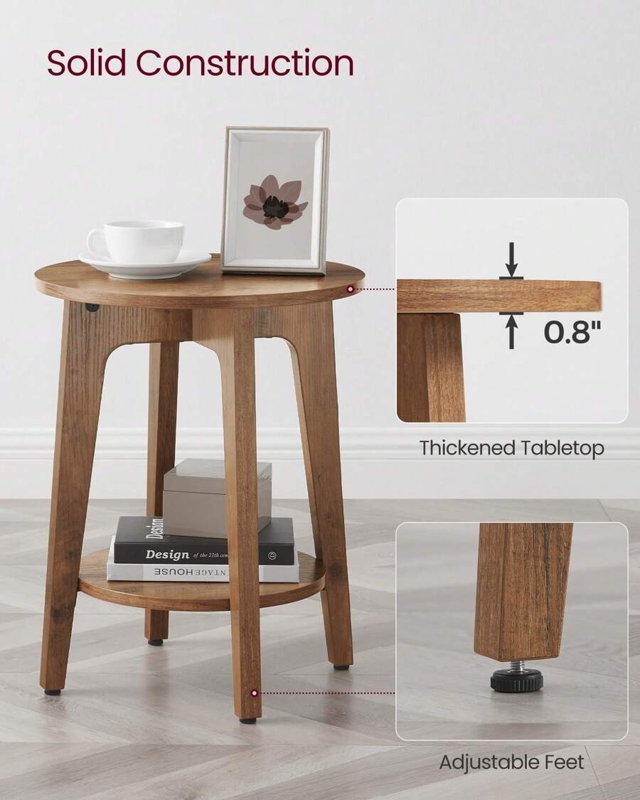 VASAGLE Brown Round End Table 2-Tier Side Table Nightstand for Small Spaces