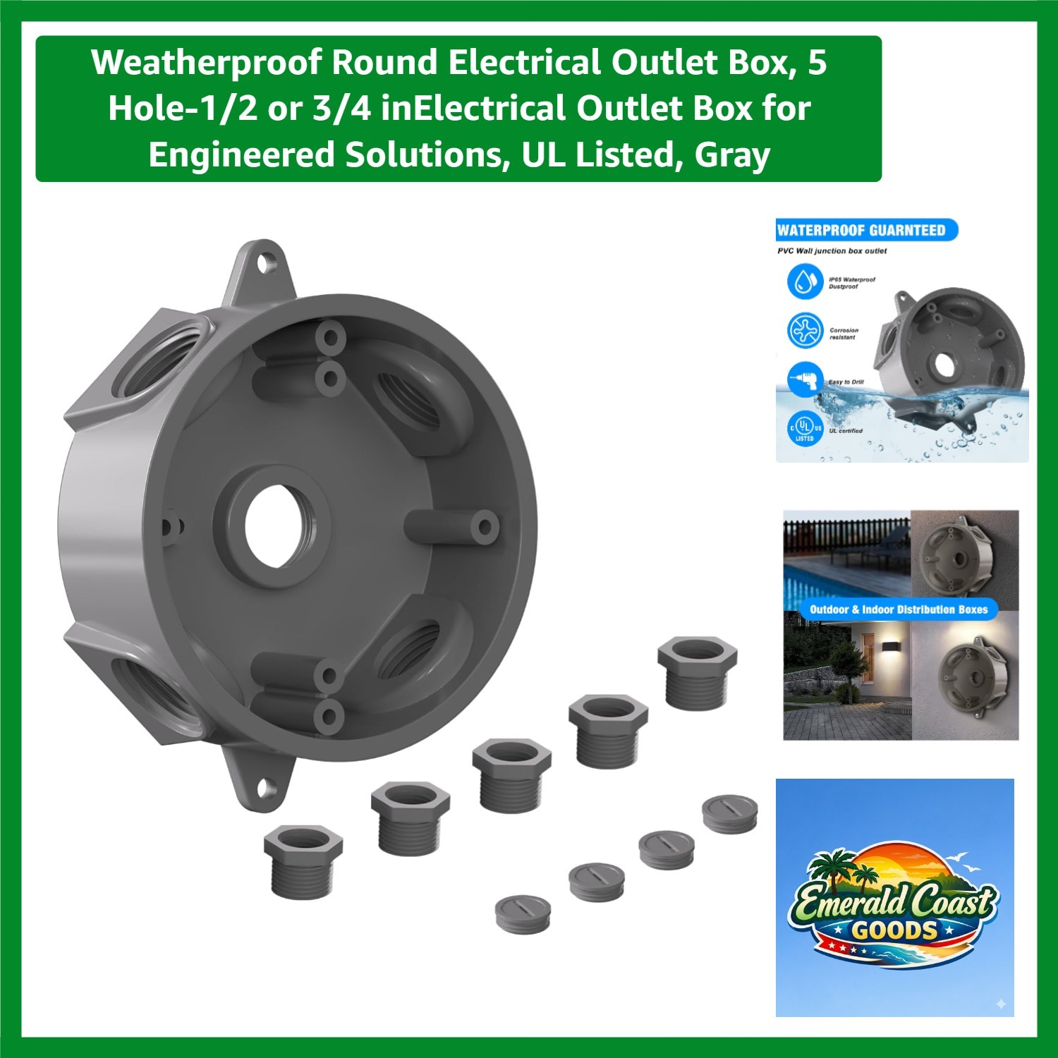 Weatherproof Round Electrical Outlet Box, 5 Hole-1/2 or 3/4 inElectrical Outl...