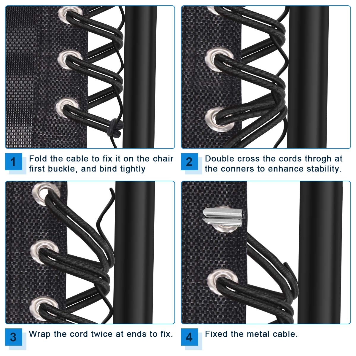 Universal Replacement Cord for Zero Gravity Chair, 4 Pack Elastic Cords Blac