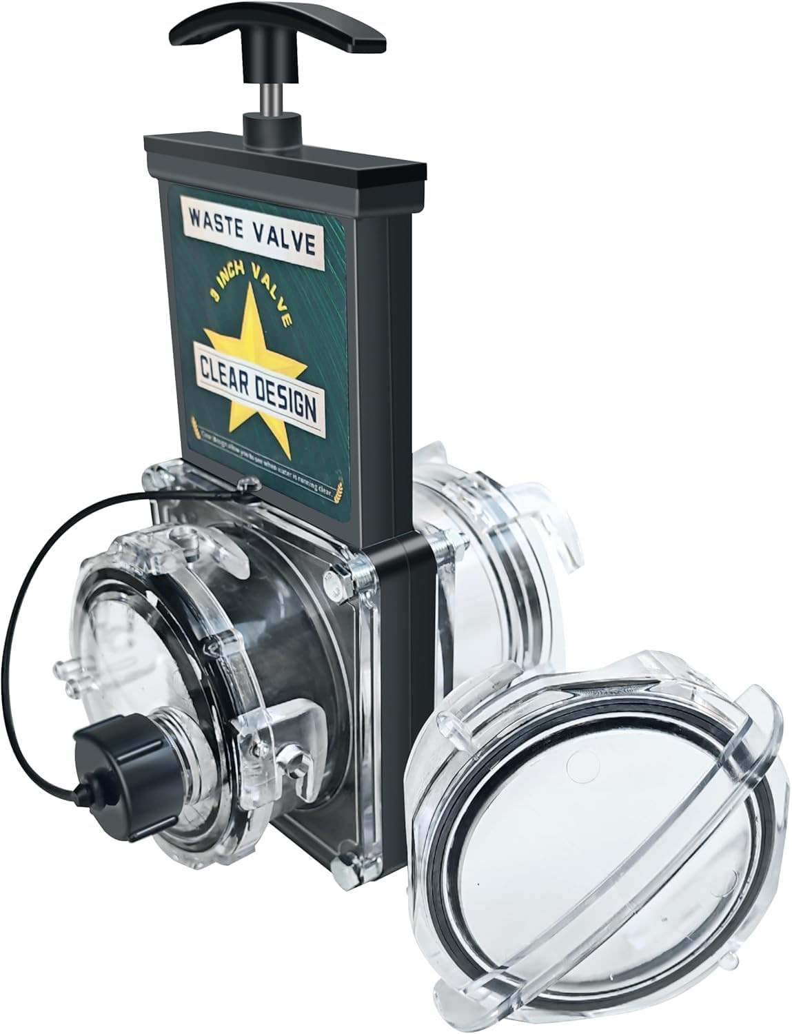 3-Inch Waste Valve Sewer Gate with Two Clear Caps for RV, Camper, Trailer