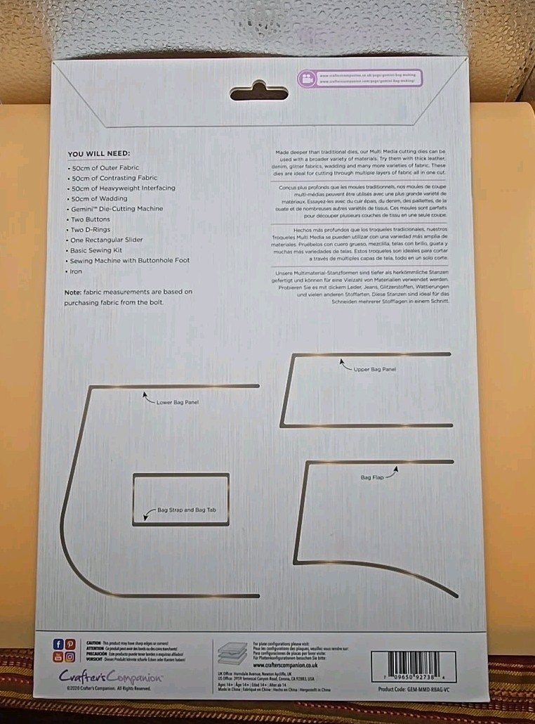 Gemini "Bag Making Dies"Pattern & Instruction kit By Crafter's Companion