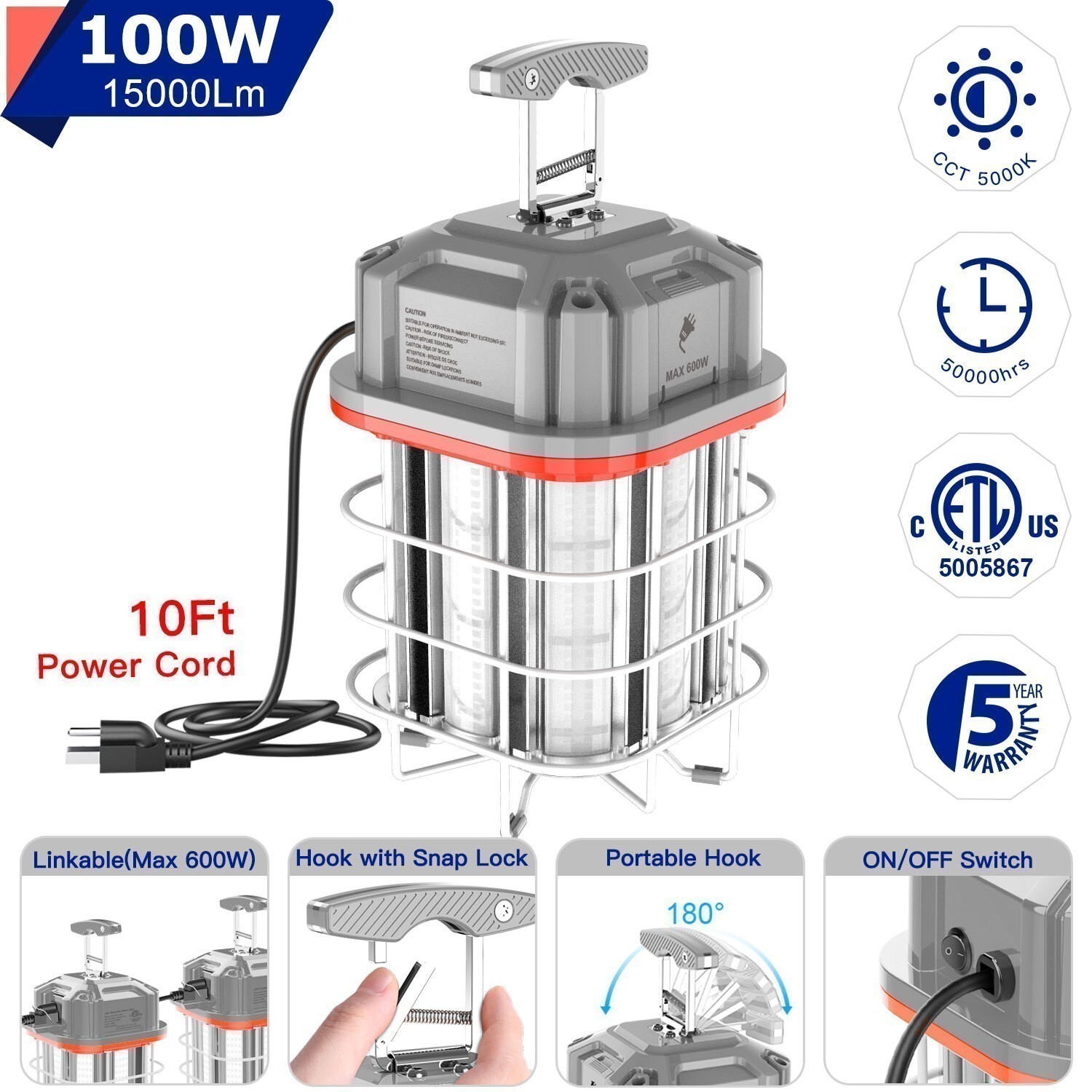 Industrial LED Temporary Work Light 100W Linkable Projects Jobsite High Bay Lamp
