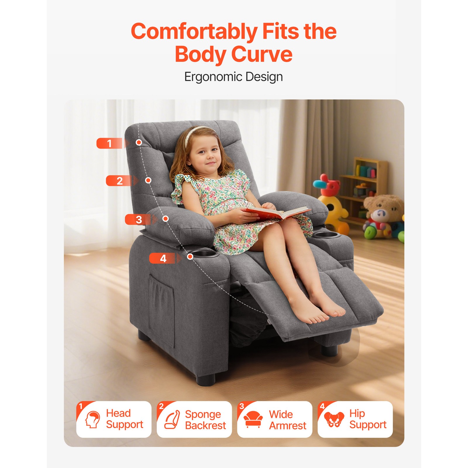 Uimoso Kids Reclining Chair Toddler Recliner with Cup Holders & Pockets (Grey)