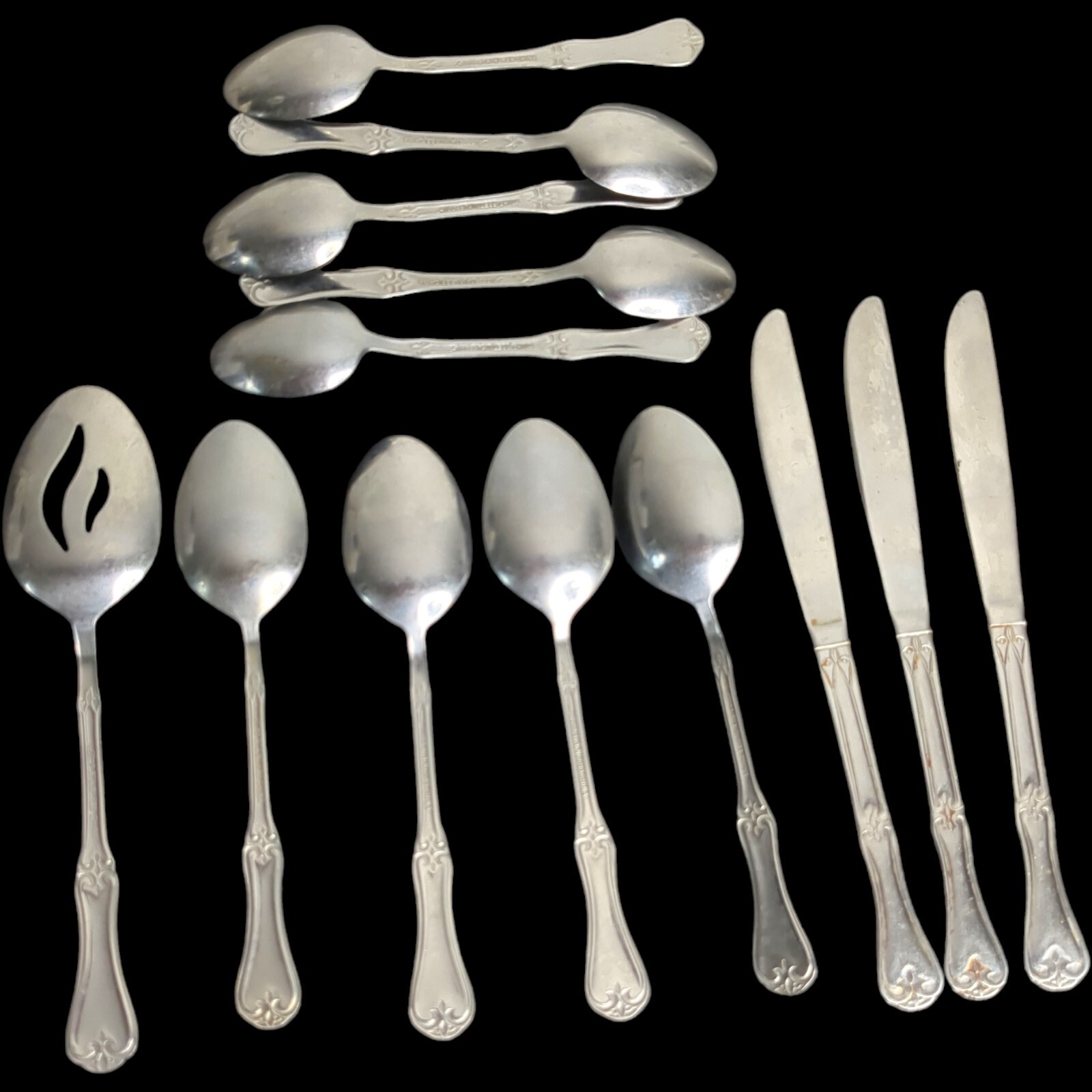 Lot 13 Alco UNKNOWN PATTERN Scrolls Scalloped Spoon Knife 6" Stainless Flatware