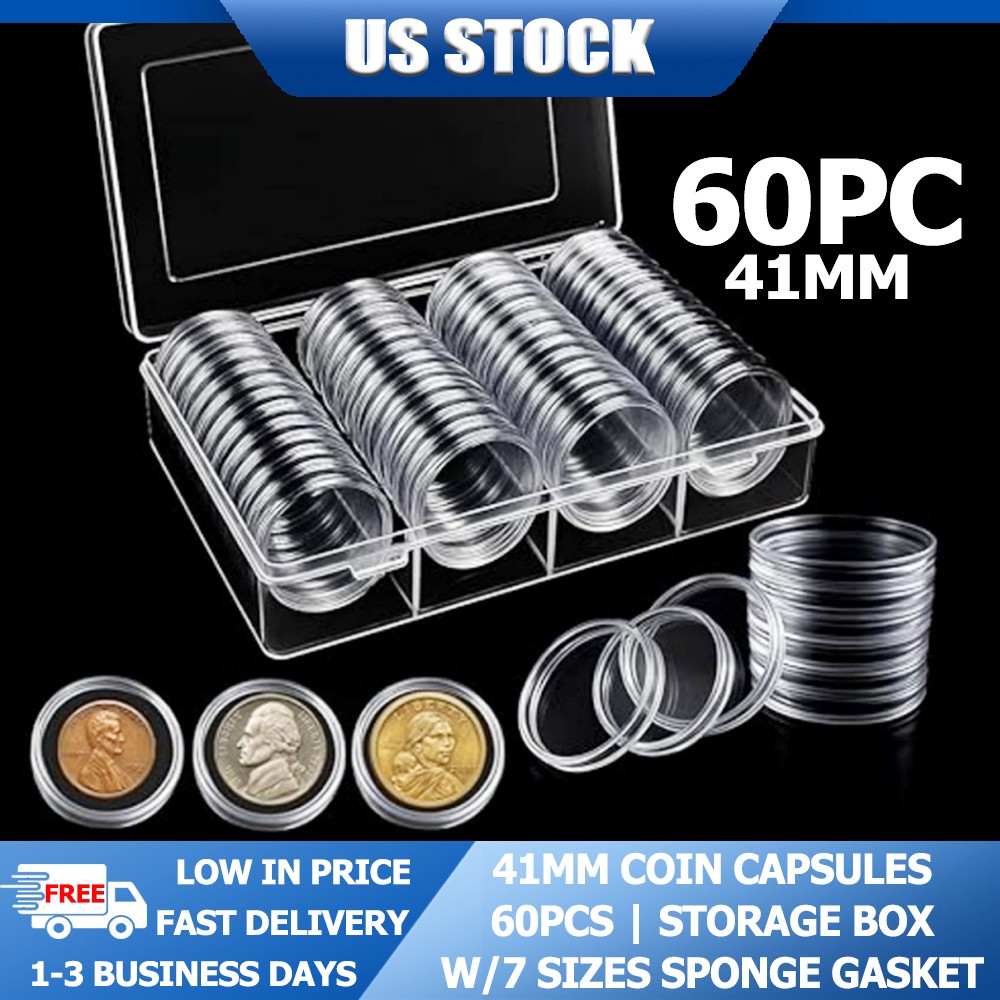 60pack 41mm Coin Capsules For 1oz Silver Bullion w/Box+7 Sizes Sponge Gaskets US