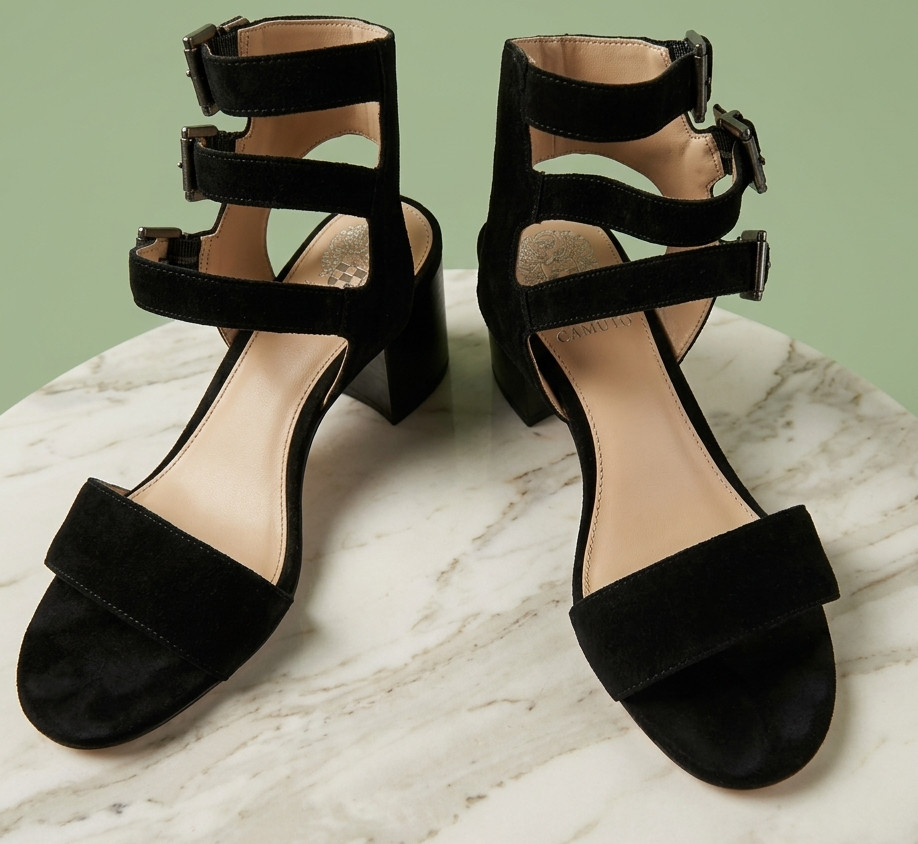 Vince Camuto Black Suede Block Heel Sandals Triple Buckle Ankle Strap Size 7.5 M