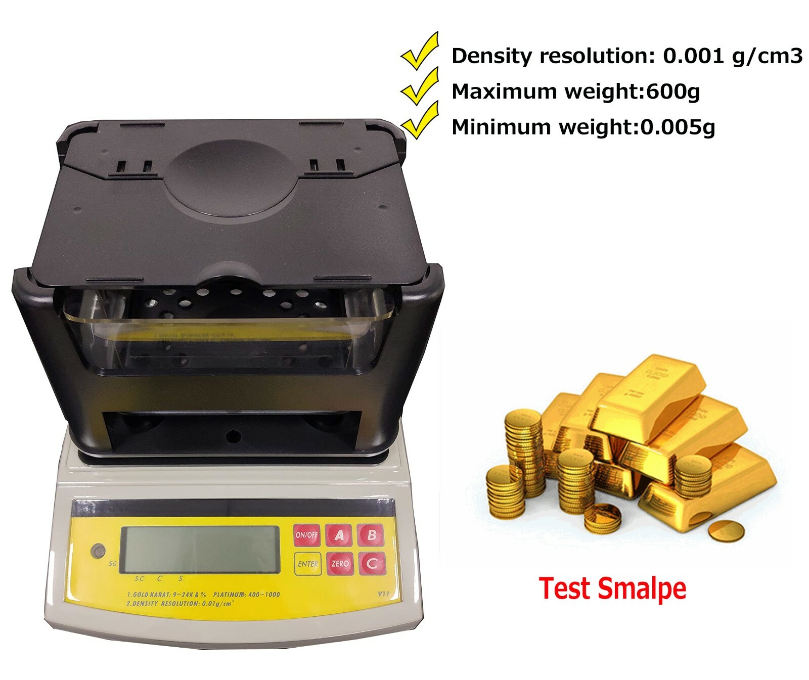 Gold Density Meter with Weight 0.005g-600g Automatic Zero Tracking Function