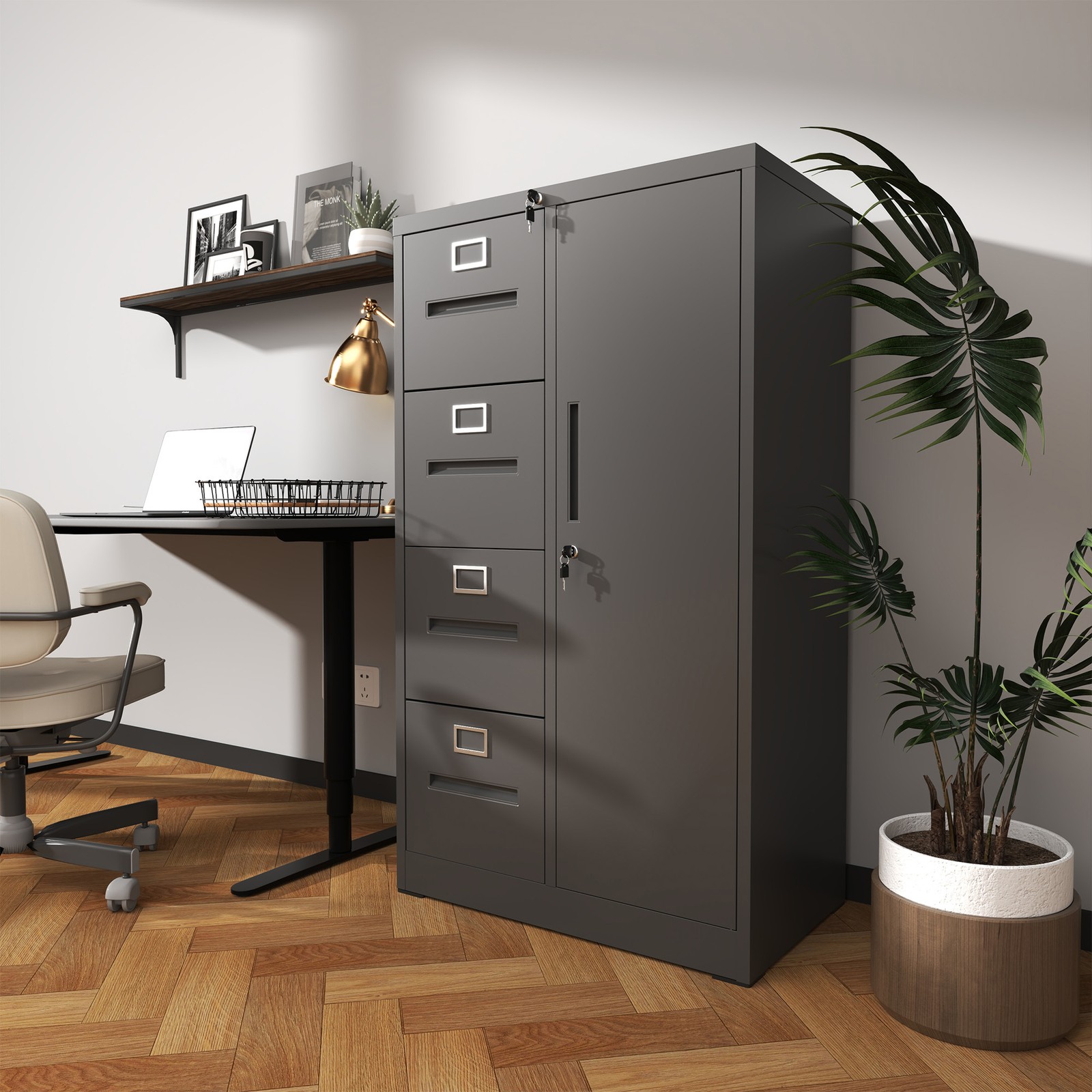 Metal Vertical Filing Cabinet with Lock 4 Drawers 1 Door Steel Locker Black