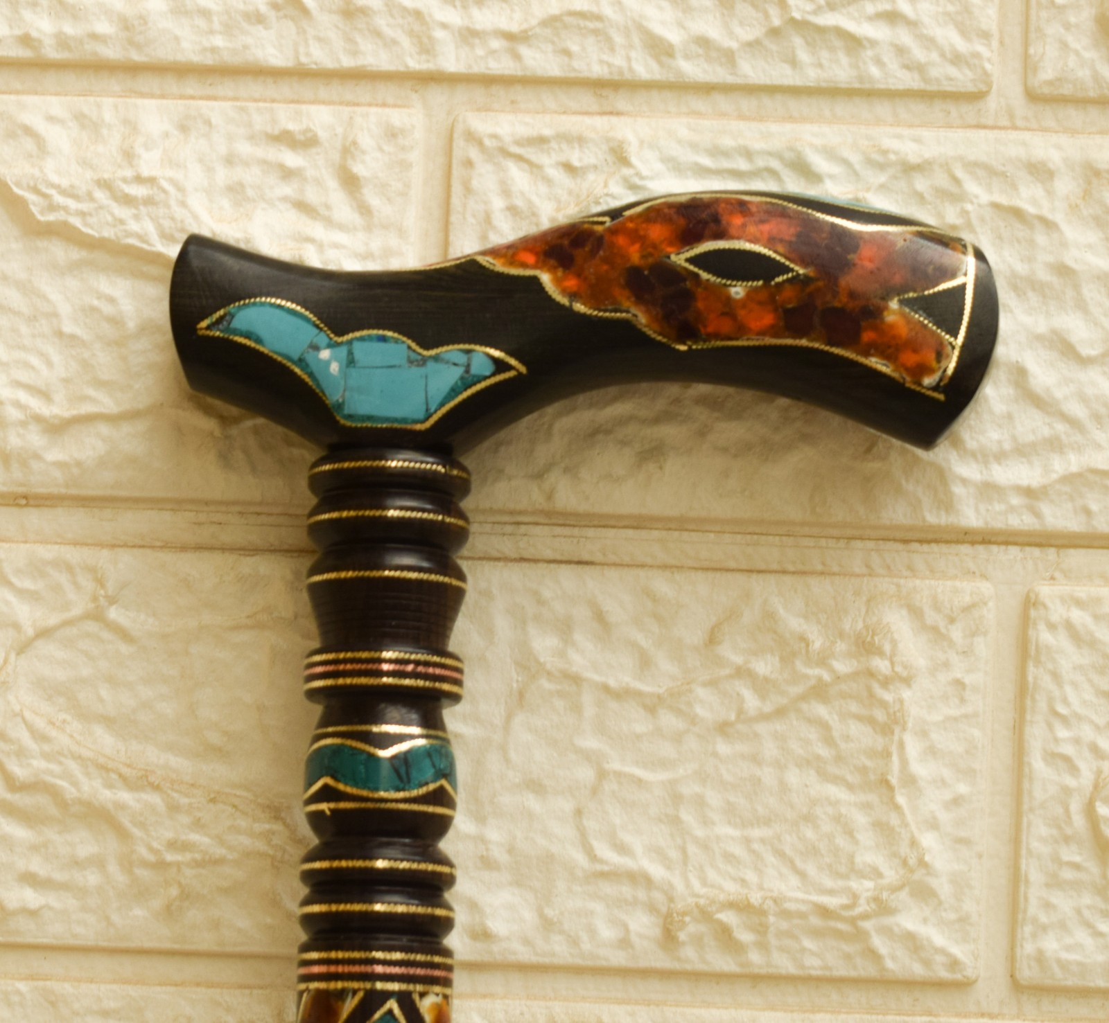 Handmade Ebony Walking Cane – Turquoise Amber Inlaid Brass Wire Travel Stick 36"