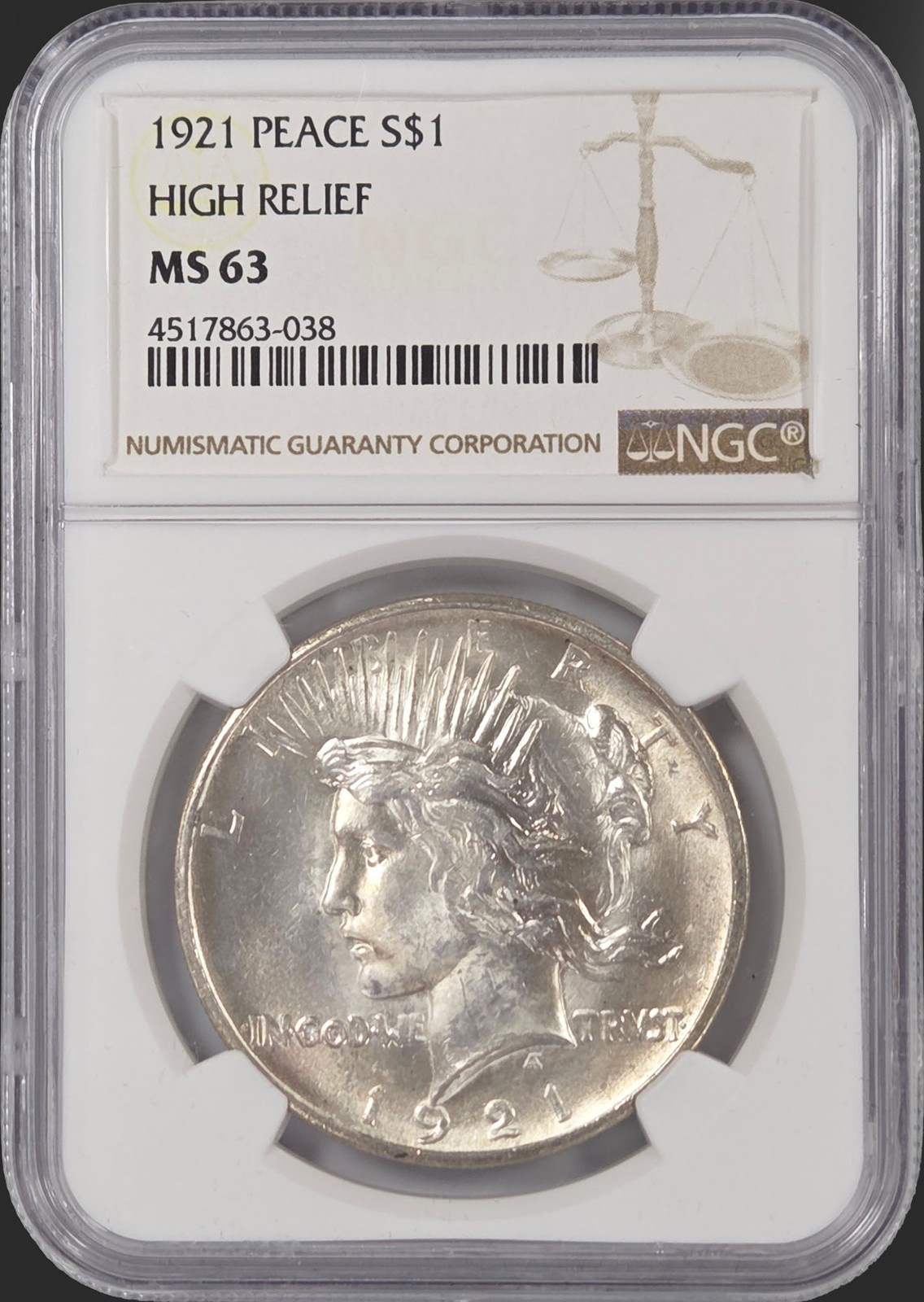 1921 Peace Dollar High Relief NGC MS63