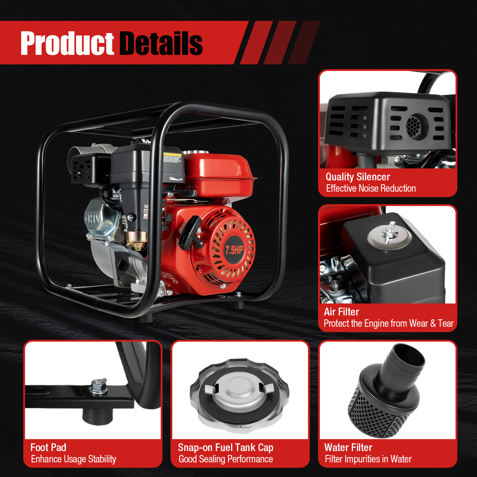 7.5HP 3000W Gas Power Semi-Trash Water Pump High Pressure Garden Irrigation