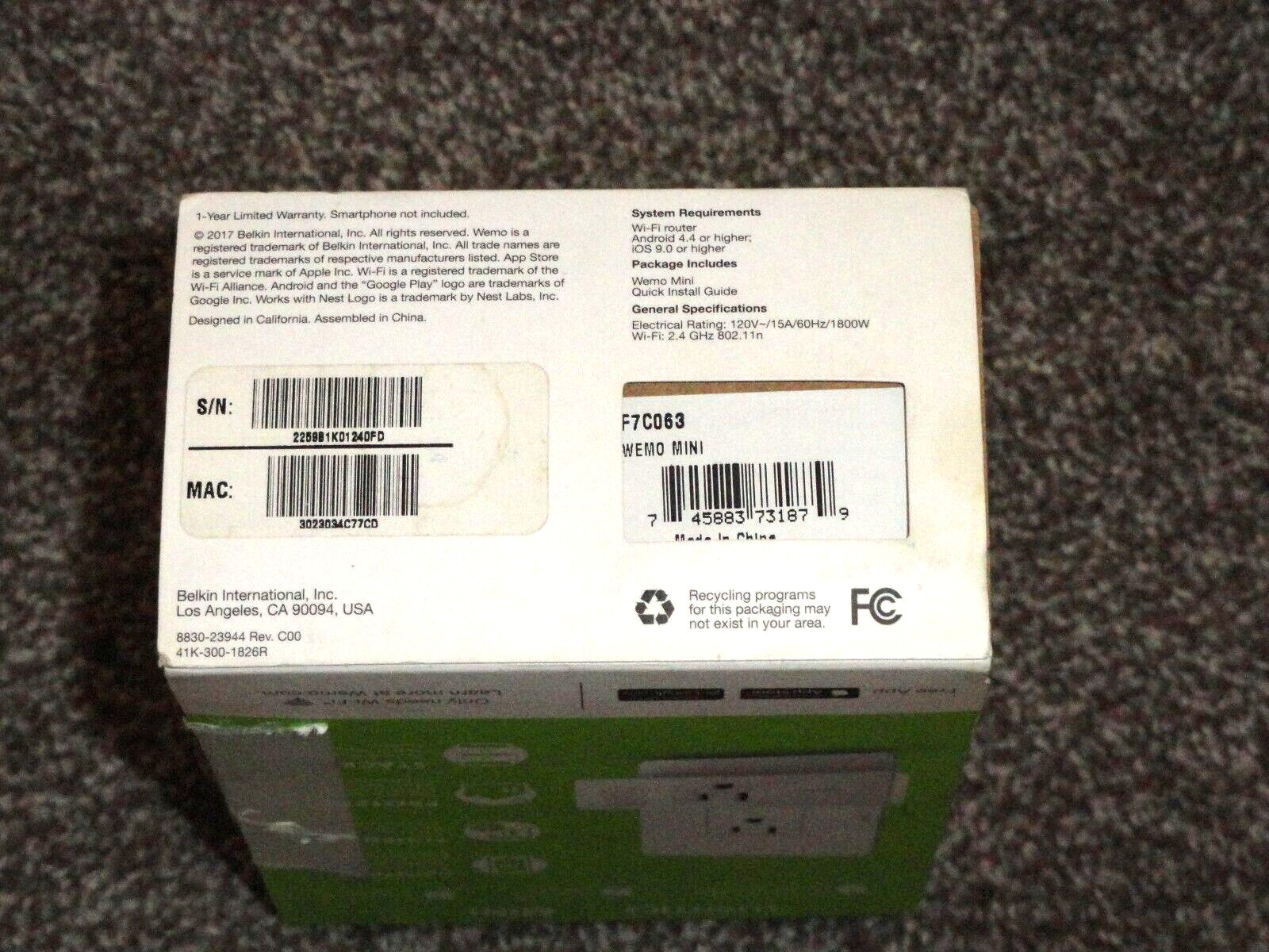 New WeMo Mini Wi-Fi Enabled Smart Plug White Model F7C063