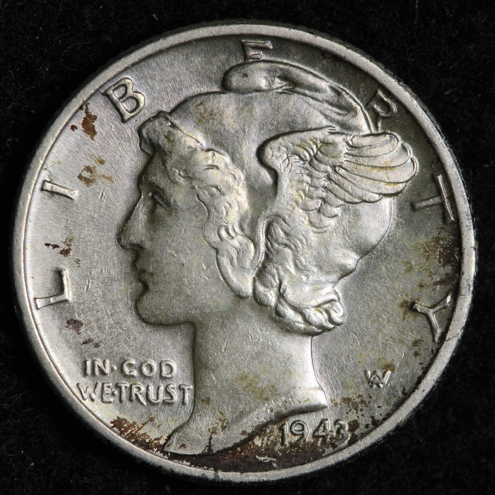 1943 Mercury Silver Dime AU TONED E238 T