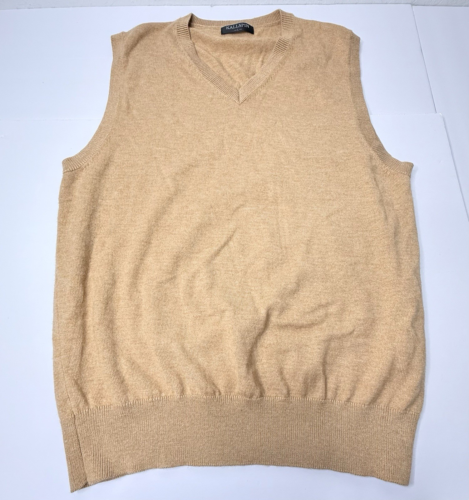 Kallspin Wool Blend Sweater Vest Mens Large Brown Knit V Neck Preppy Nerdy Work