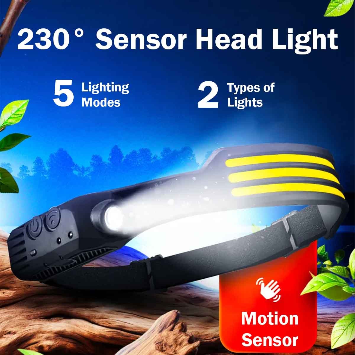 LED Headlamp Rechargeable, 2000L Super Bright Headlight with Motion Sensor