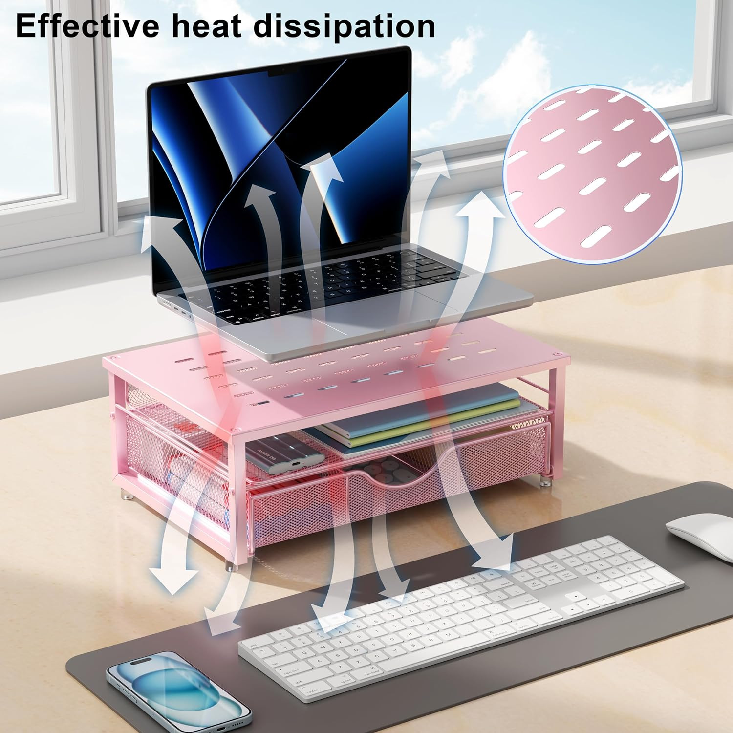 Computer Monitor Stand Riser with Drawer Office Organizer Storage Pink