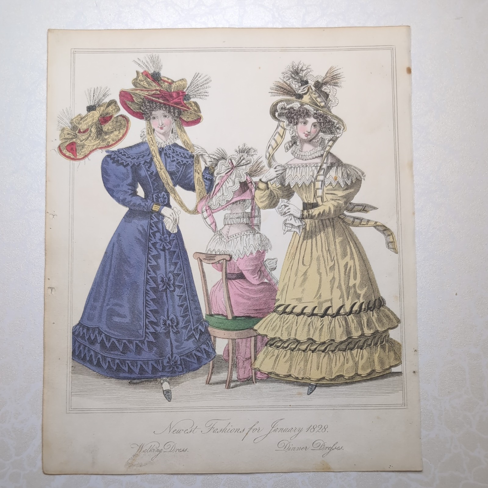 Original 1828 World Of Fashion Coloured Plate Walking Dress Feuilletons