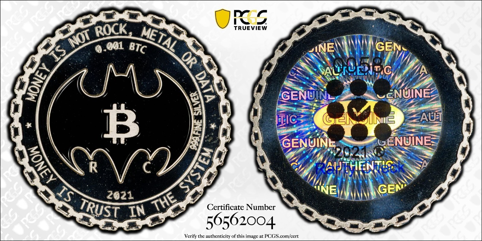 🔥RAIRITY CHECK SILVER VIGILANTE 0.001 (BTC) PCGS PR69 DCAM FINEST GRADE KNOWN🔥