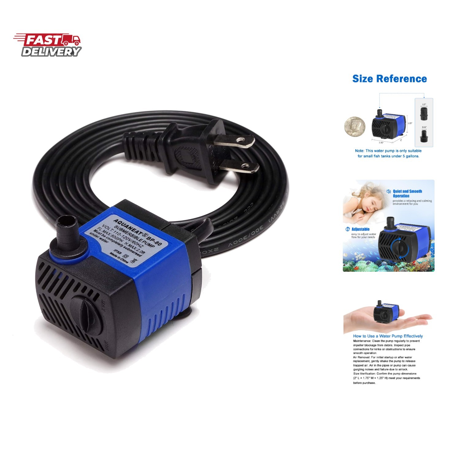 Small Fountain Pump, 80 GPH Submersible Water Pump for Aquarium Fish Tank, Ou...