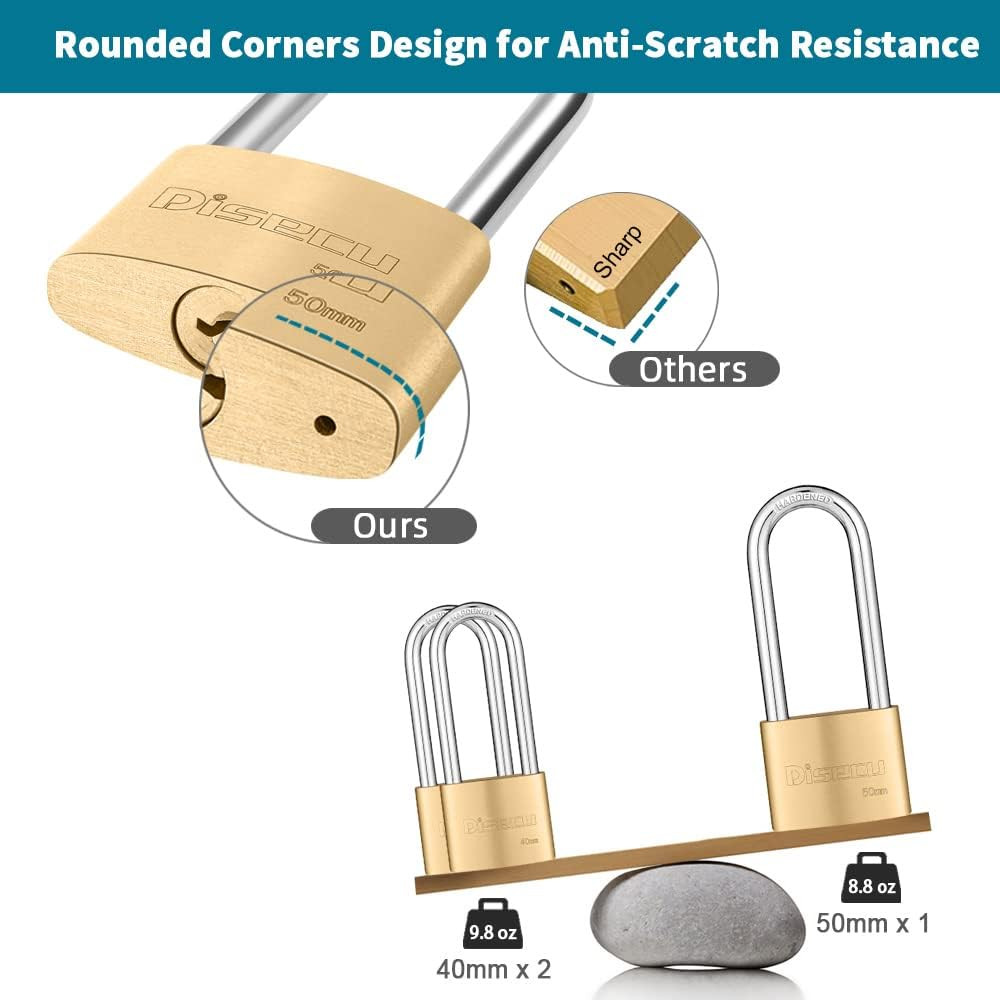 Solid Brass Padlocks 2Pk Keyed Alike Long Shackle Waterproof Outdoor 40Mm