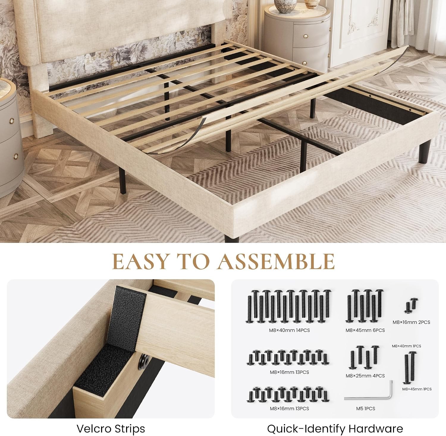 Chenille Queen Size Bed Frame with Belgrave Headboard Beige | Platform Bed with