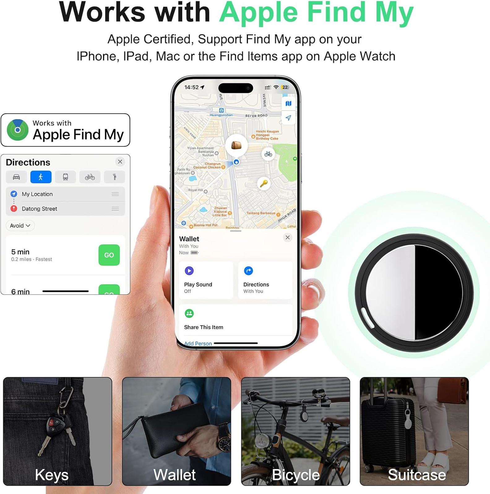 Bluetooth Tracker Tag for Apple Find My Replaceable Battery Key Luggage Wallet