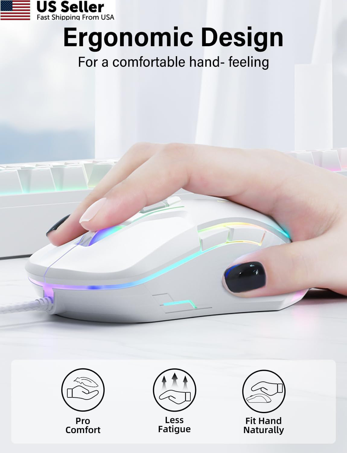 ONITOON Wired USB Mouse, Computer Mouse with RGB Lighting, 4 Adjustable White