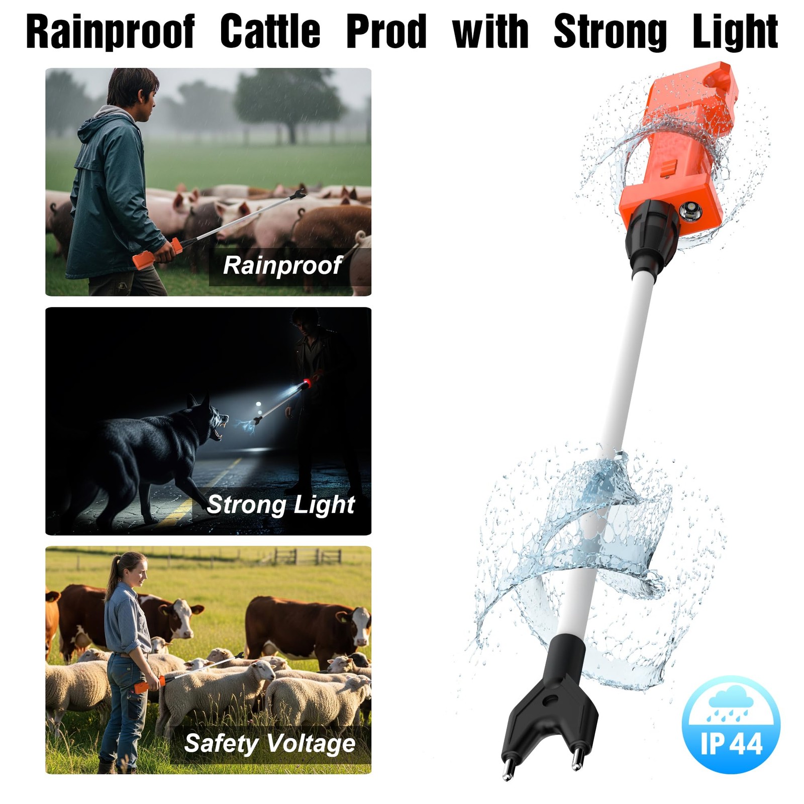 Cattle Prod Rechargeable with Led Light 34 inch, Waterproof Cattle Prod for D...