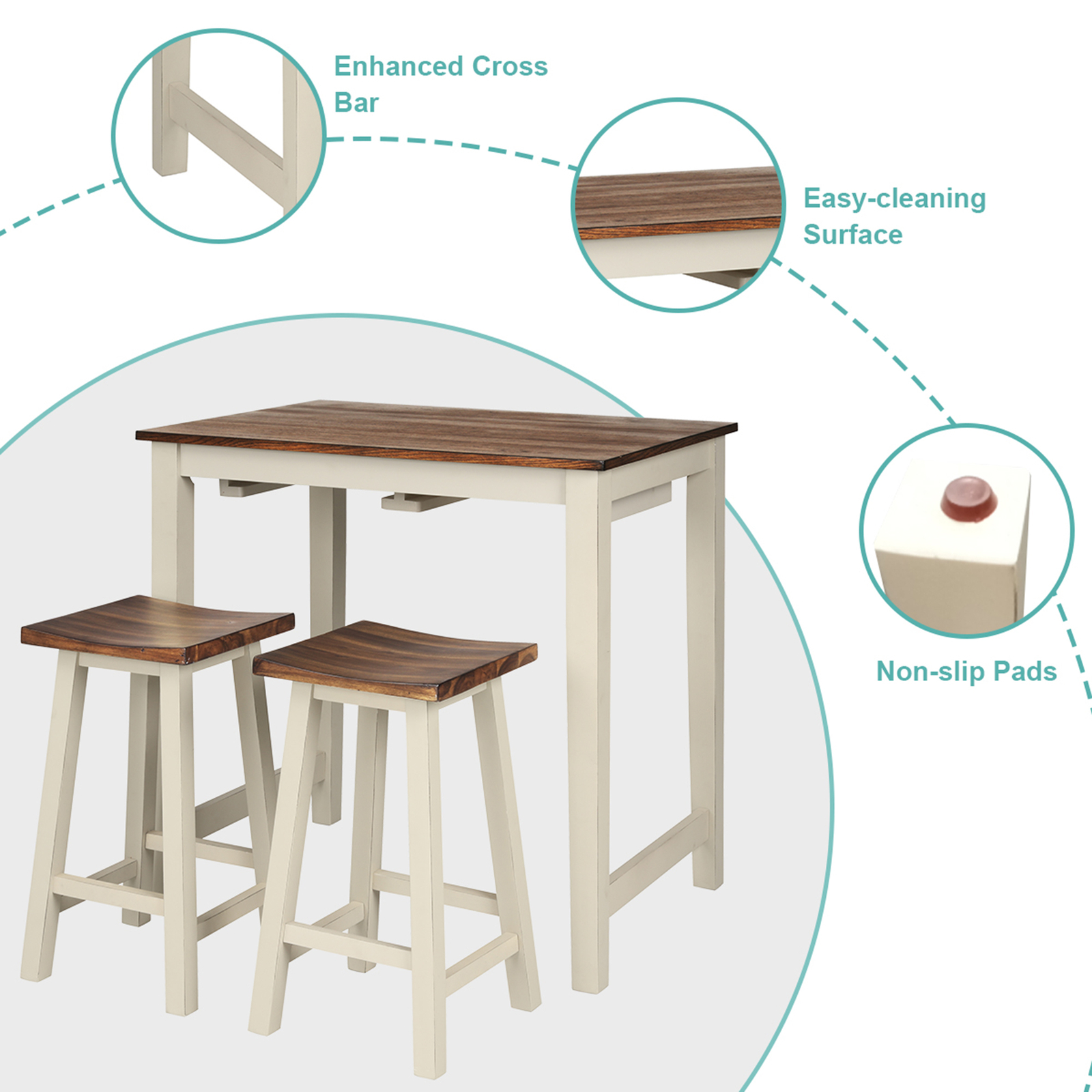 3-Piece Bar Table Set Counter Pub Table& 2 Saddle Bar Stools w/ Hanging Design