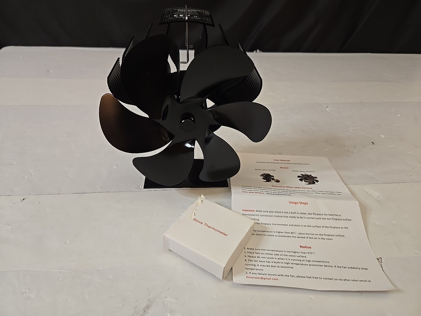 JossaColar Wood Stove Fan Heat Powered, Fireplace 6-Blade, Black New