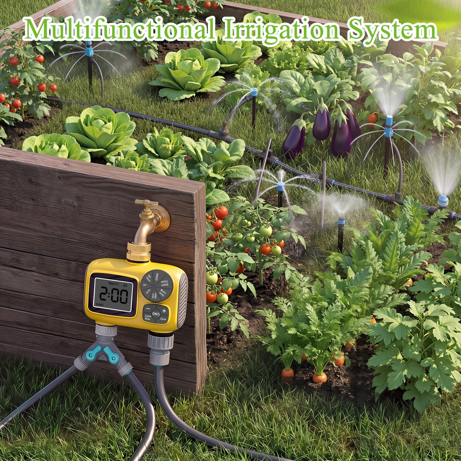 150FT Drip Irrigation Kit with 2-Zone Timer, Adjustable Nozzles & Fast-Plug Tubi