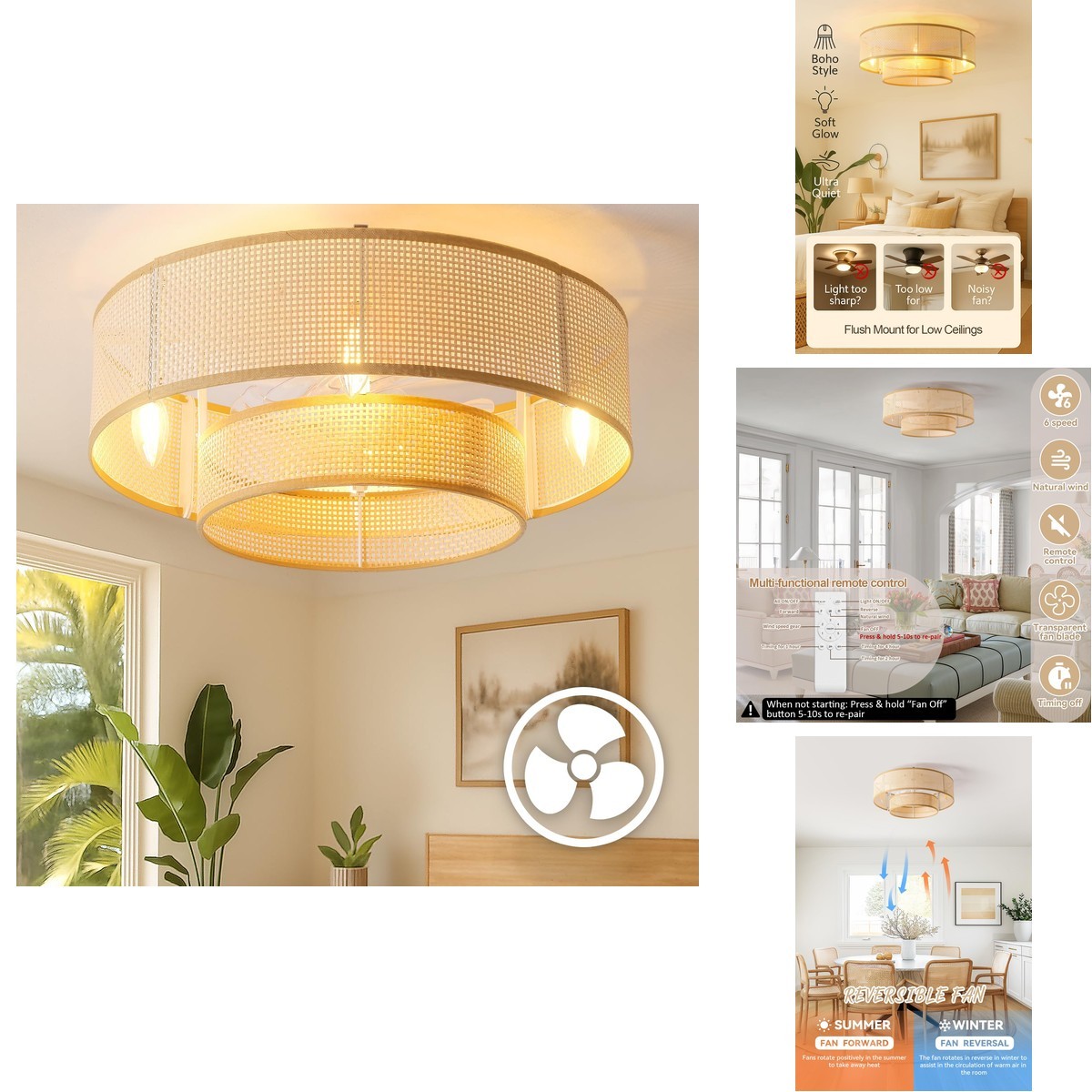 20'' Boho Caged Rattan Bladeless Ceiling Fan 6 Speeds Remote Control
