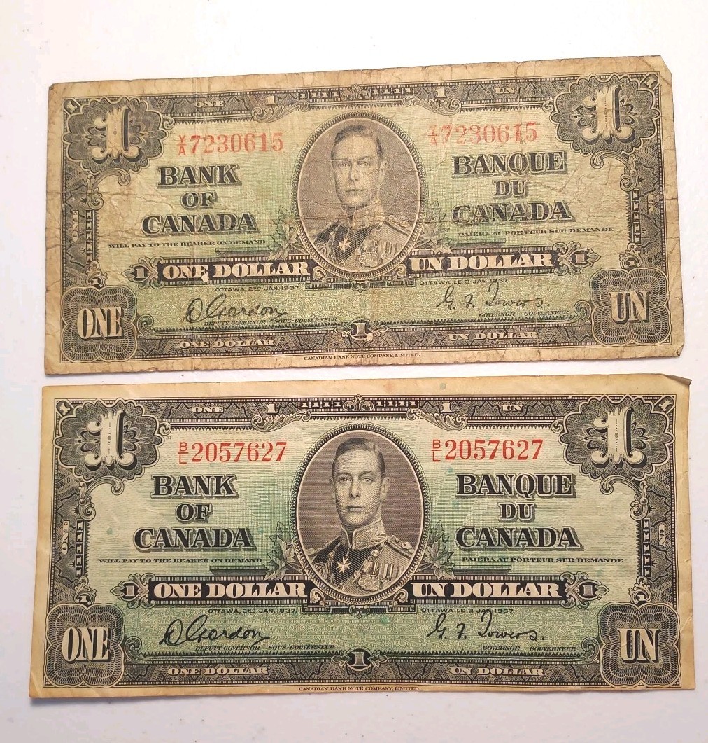 1937 Canada $1 Dollar x2 Notes; Pick 58 Very Good/Fine (Gordon-Towers)
