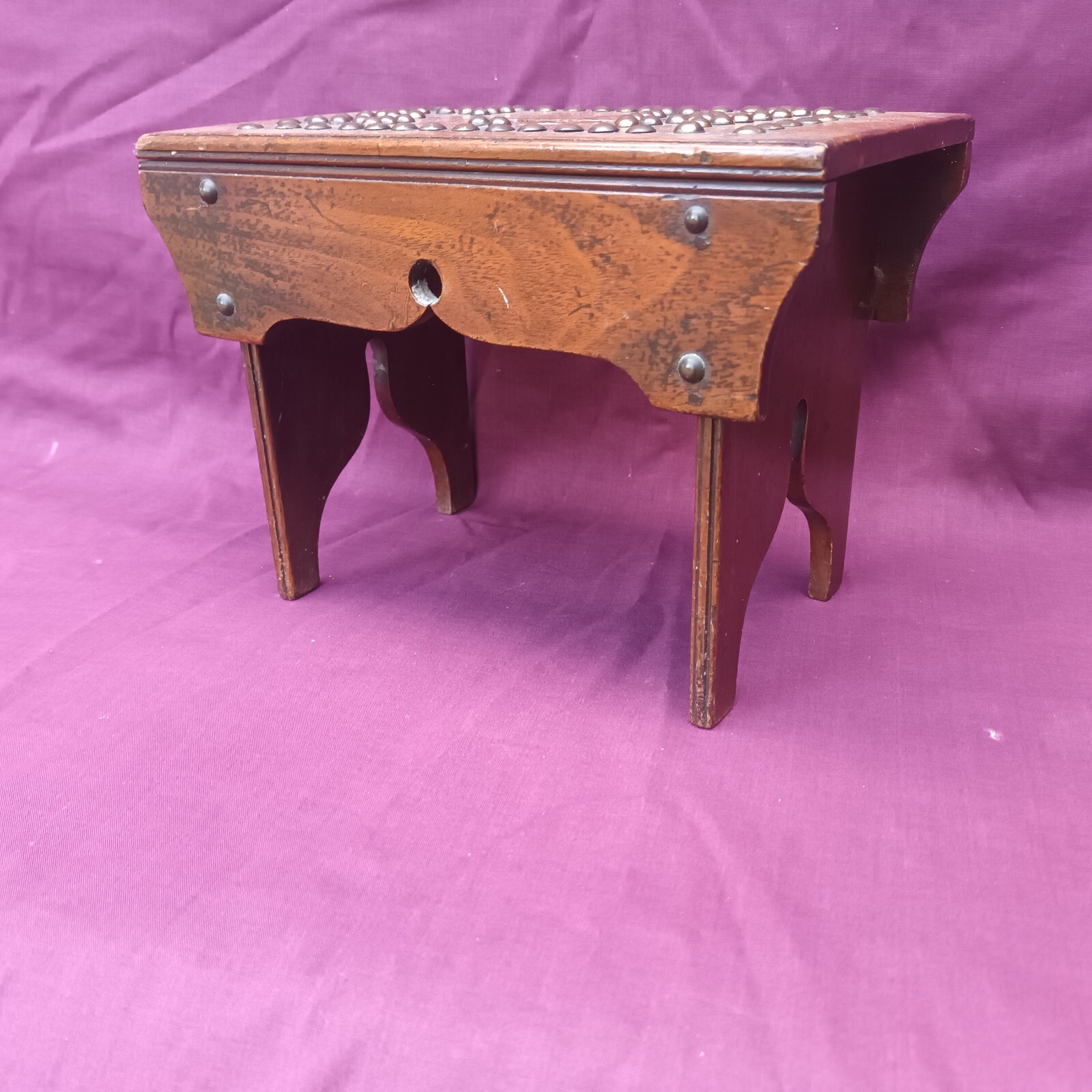 Small Antique Treen Studded Cracket style Stool marked 'E W'