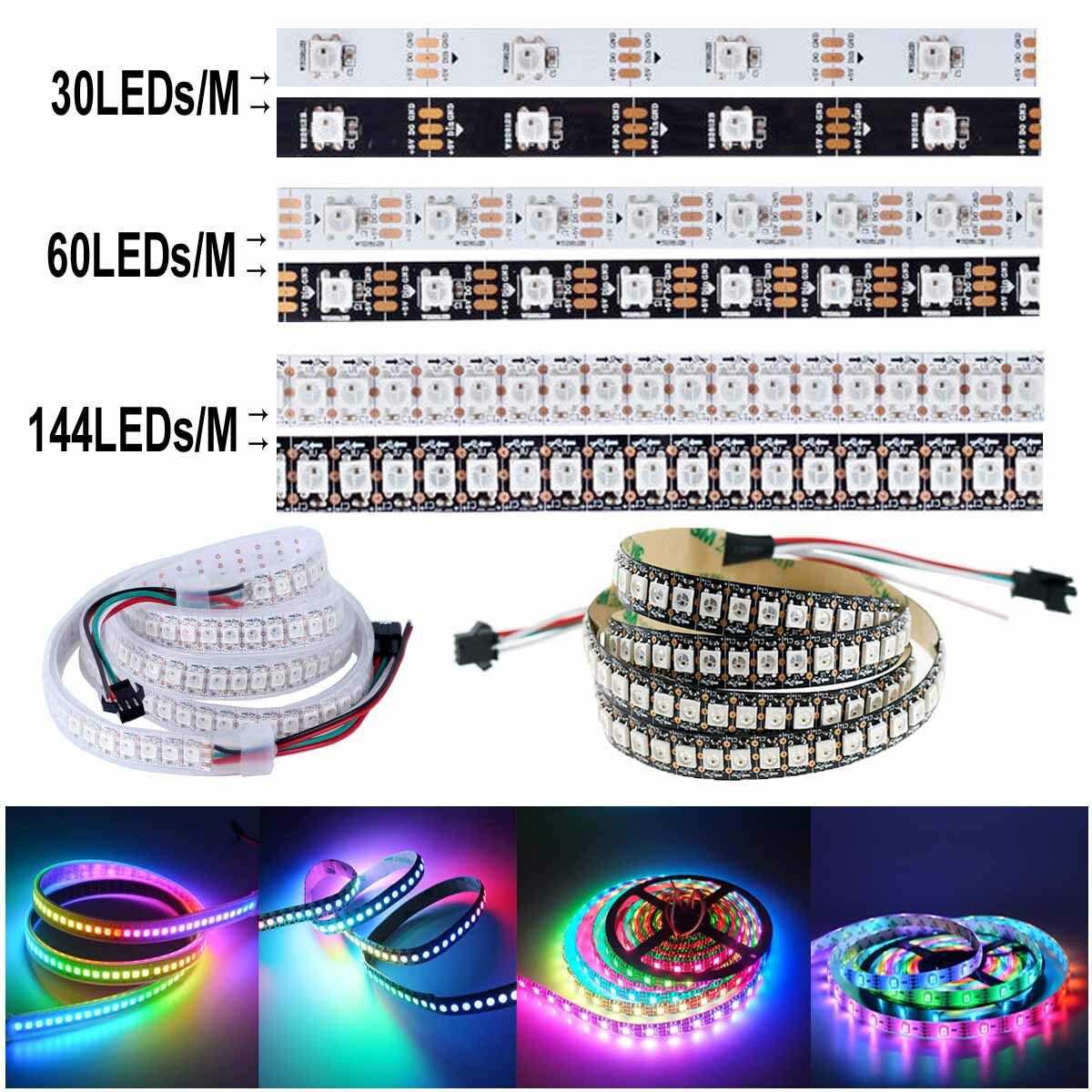 WS2812B LED Strip 5050 RGB 30/60/144LEDs/M ws2812 IC Individual Addressable DC5V