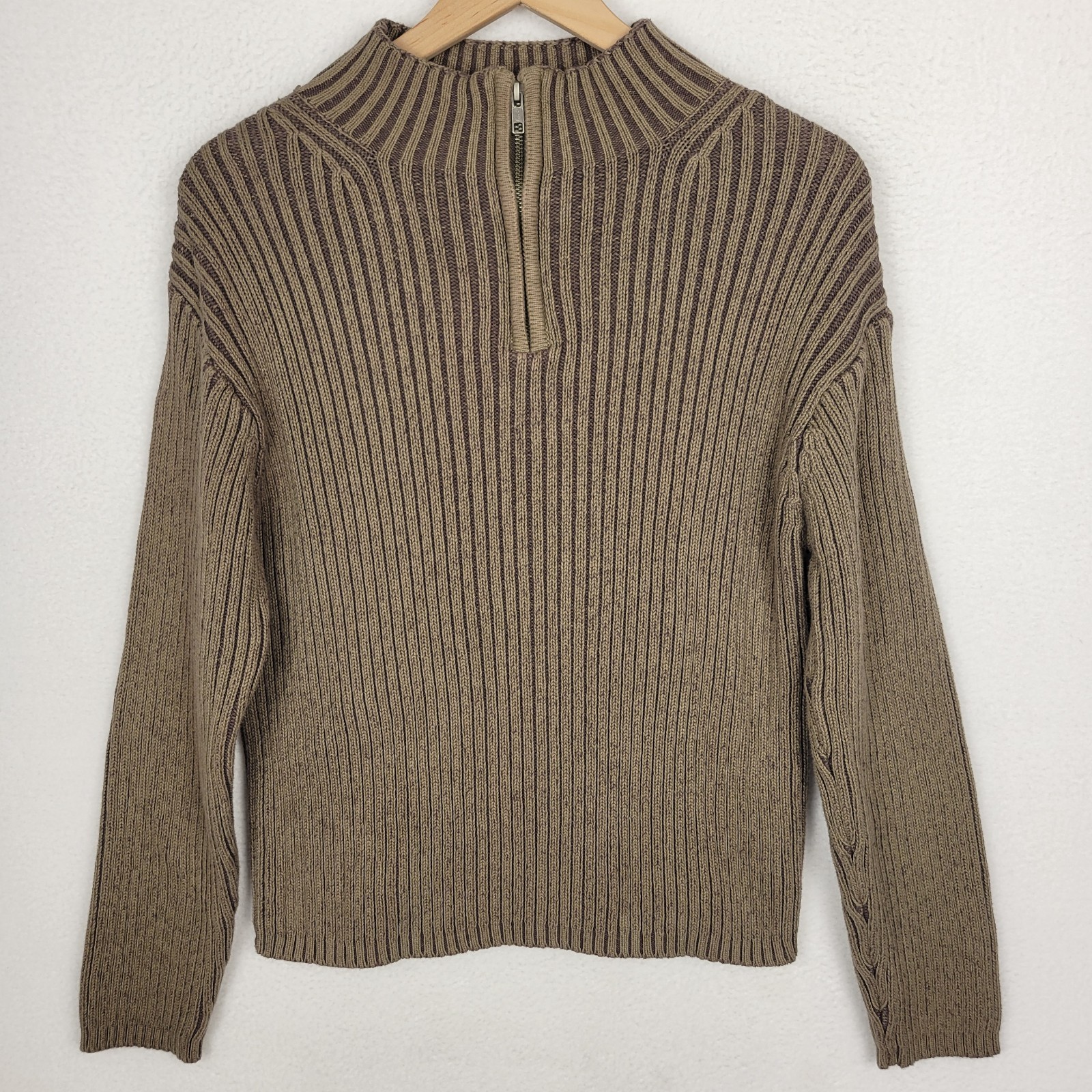 Cabela’s Ribbed 1/4 Zip Sweater Mens L Brown Cotton Mock Neck Stretch Outdoorsy