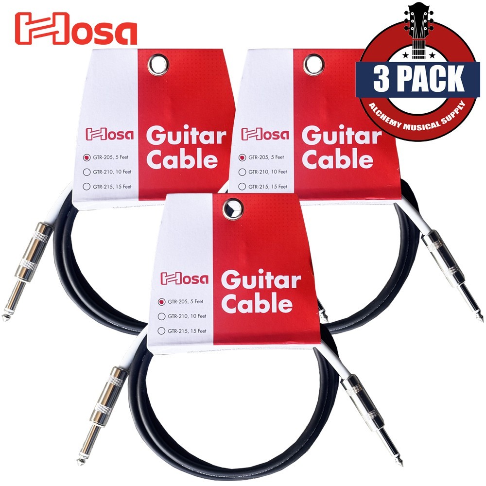 3-PACK Hosa 5FT Straight to Straight 24AWG Guitar Instrument Cable Black GTR-205