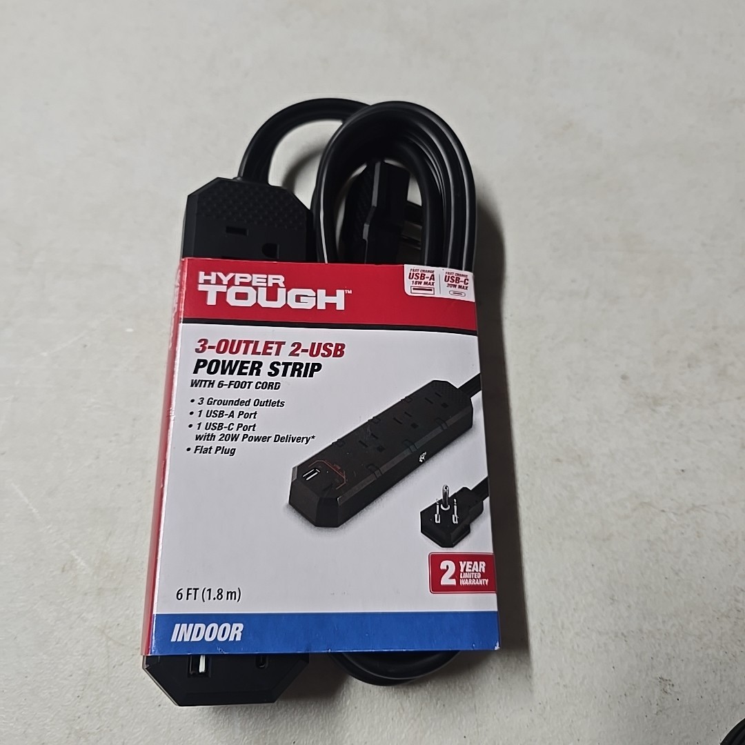 Hyper Tough - 3 Outlet + 2 USB Power Strip - 6 Foot - Black