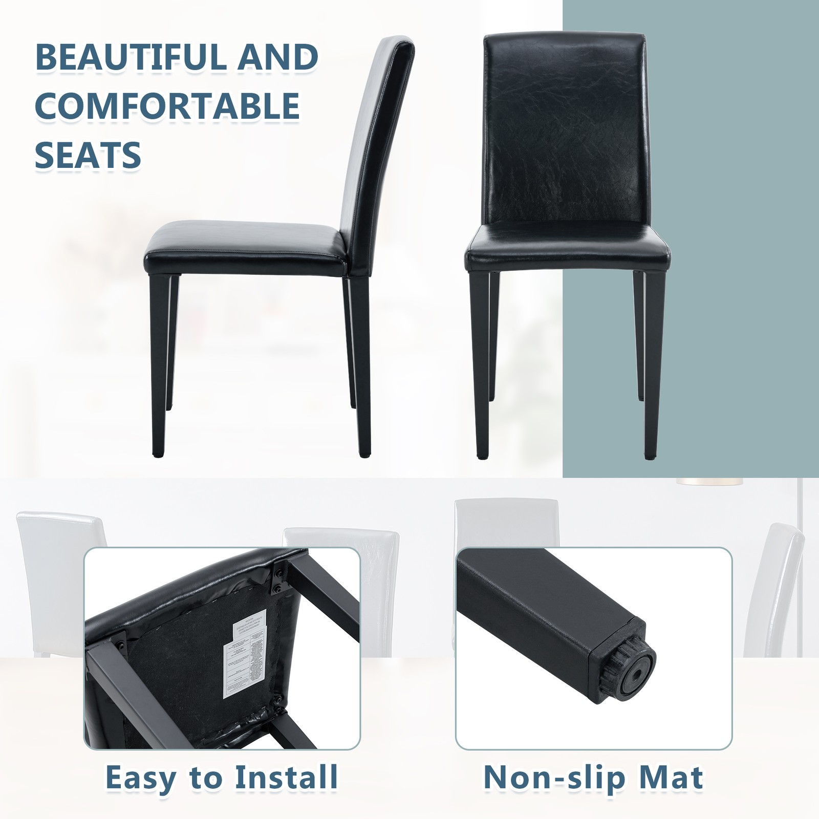 Two black PU dining chairs, simple and versatile, comfortable and accompanied.