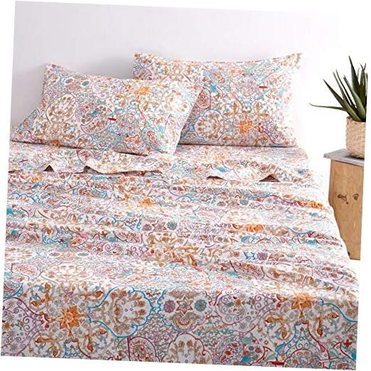 - Boho Bed Sheets, 100% Cotton, 4-Piece Sheet Set, Full Turquoise Orange