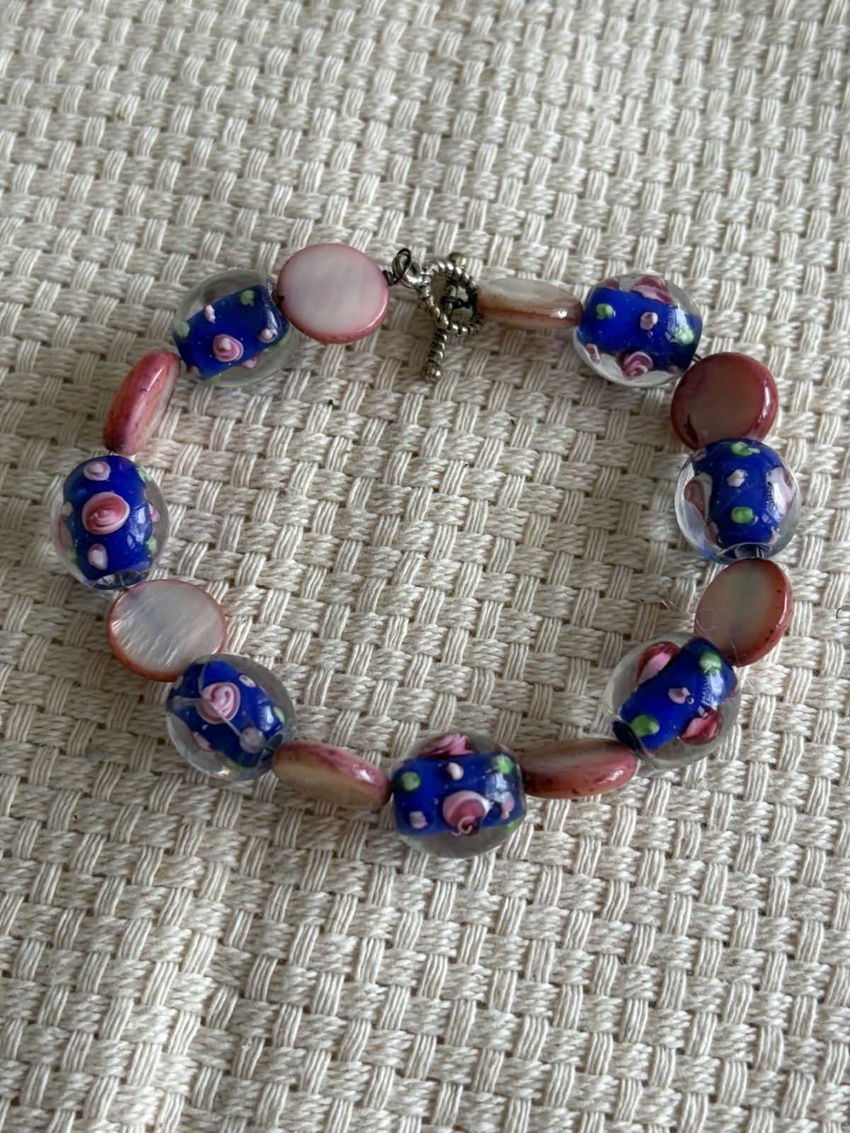 Millefiori Beaded Bracelet Blues And Pinks Measuring 7.5 Inches