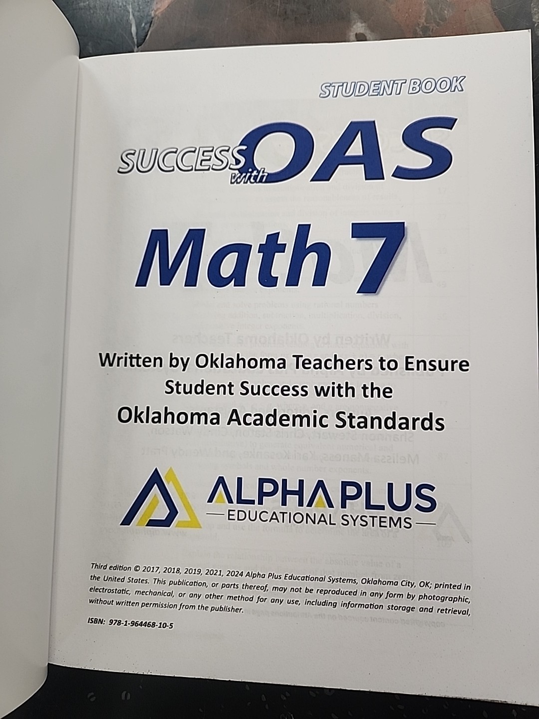 Alpha Plus Math 7 Student Book success with Oklahoma Academic Standards (OAS)