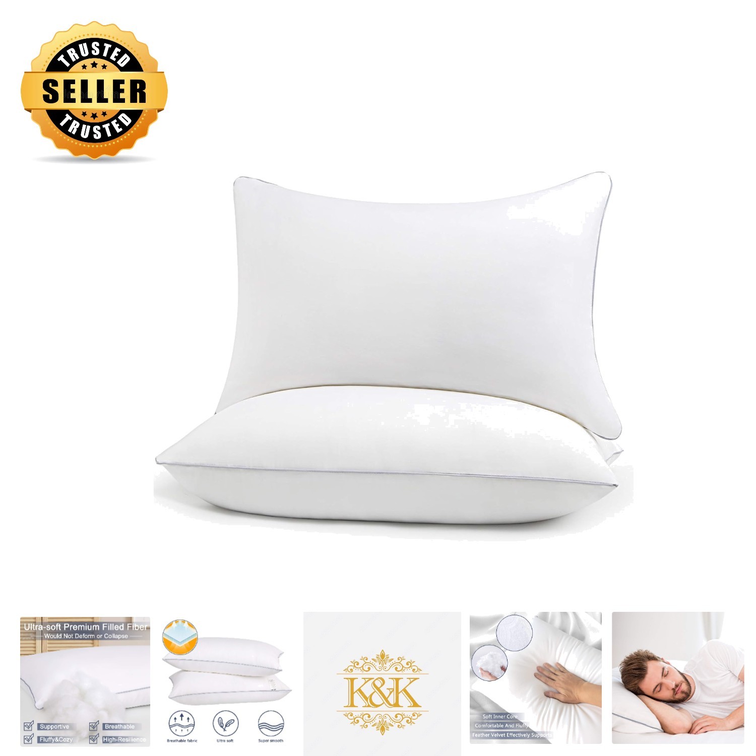 Luxury Queen Size Cooling Bed Pillows Set of 2 - Supportive Microfiber Comfort