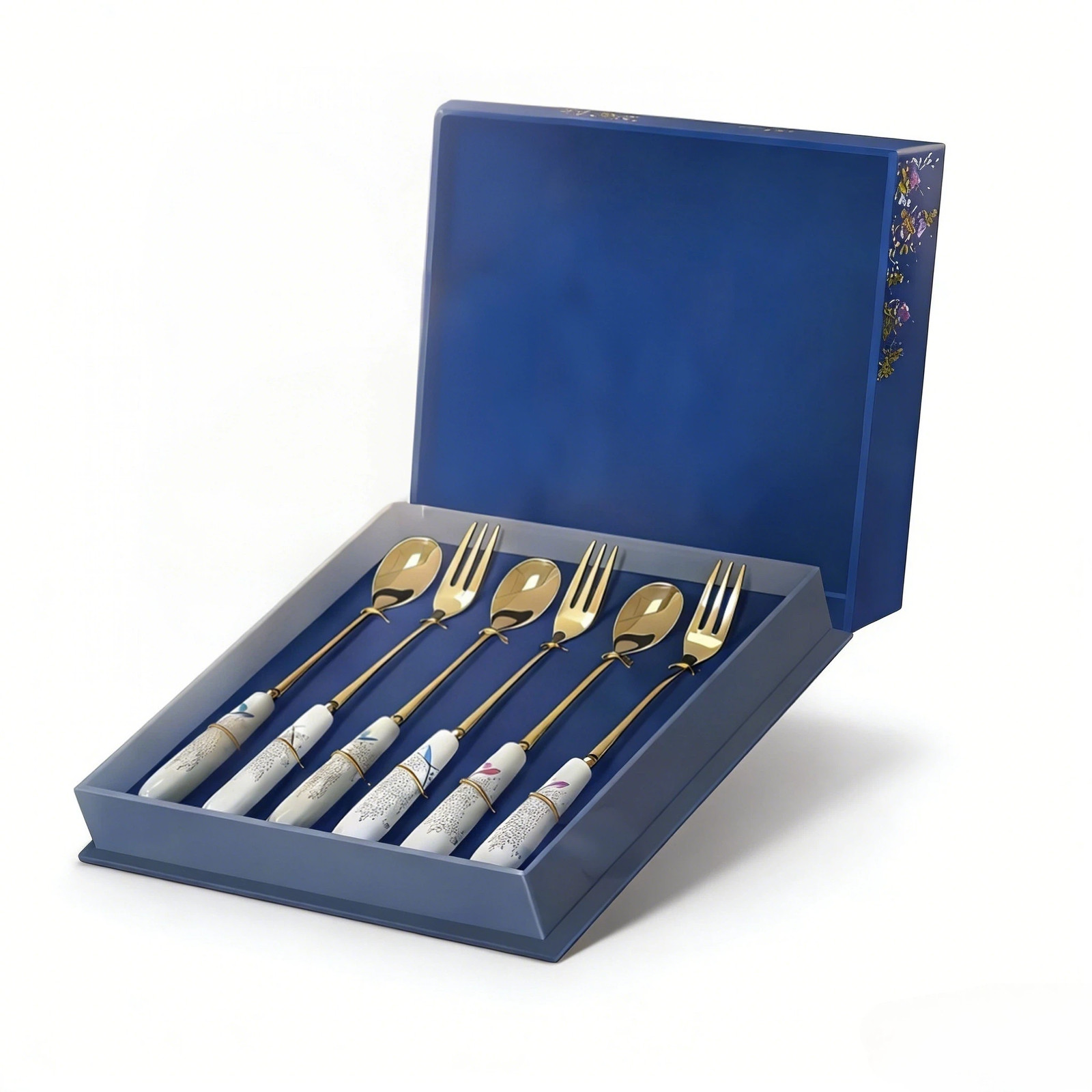 6 Pcs Gold Cutlery Set, Stainless Steel Spoon & Fork with Ceramic Handle
