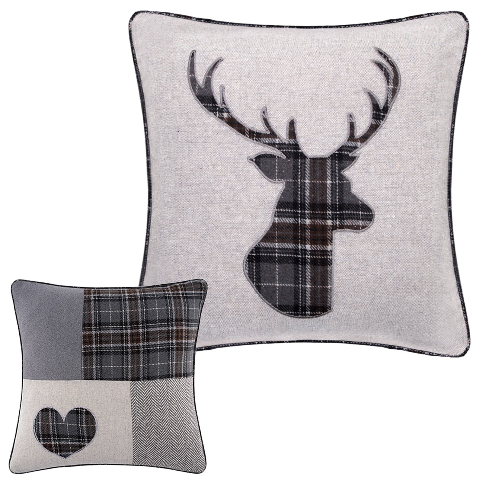 Tartan & Patchwork 18" Charcoal & Grey Cushion Cover Stag & Highland Heart