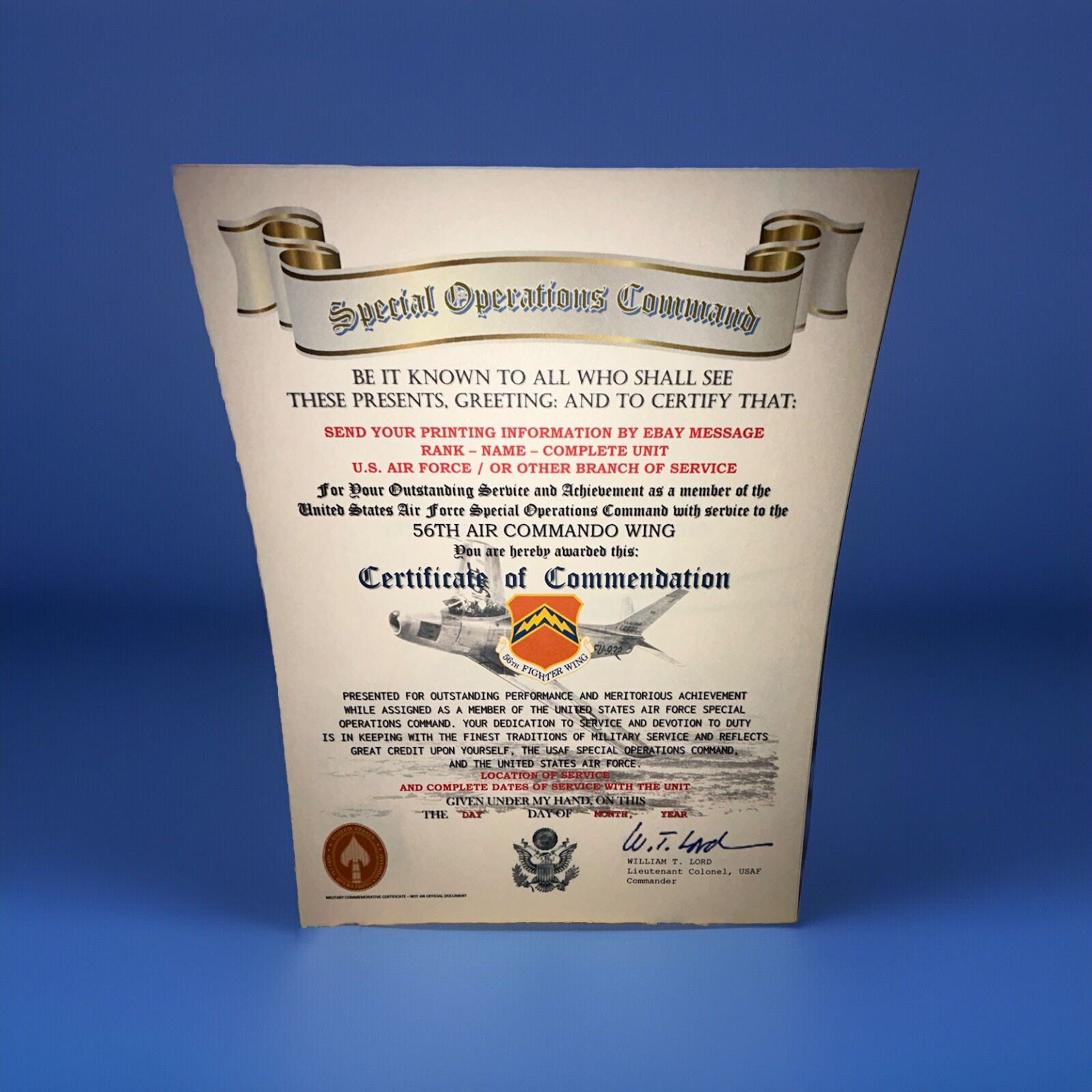 U.S.A.F. / 56TH AIR COMMANDO WING - CERTIFICATE OF COMMENDATION