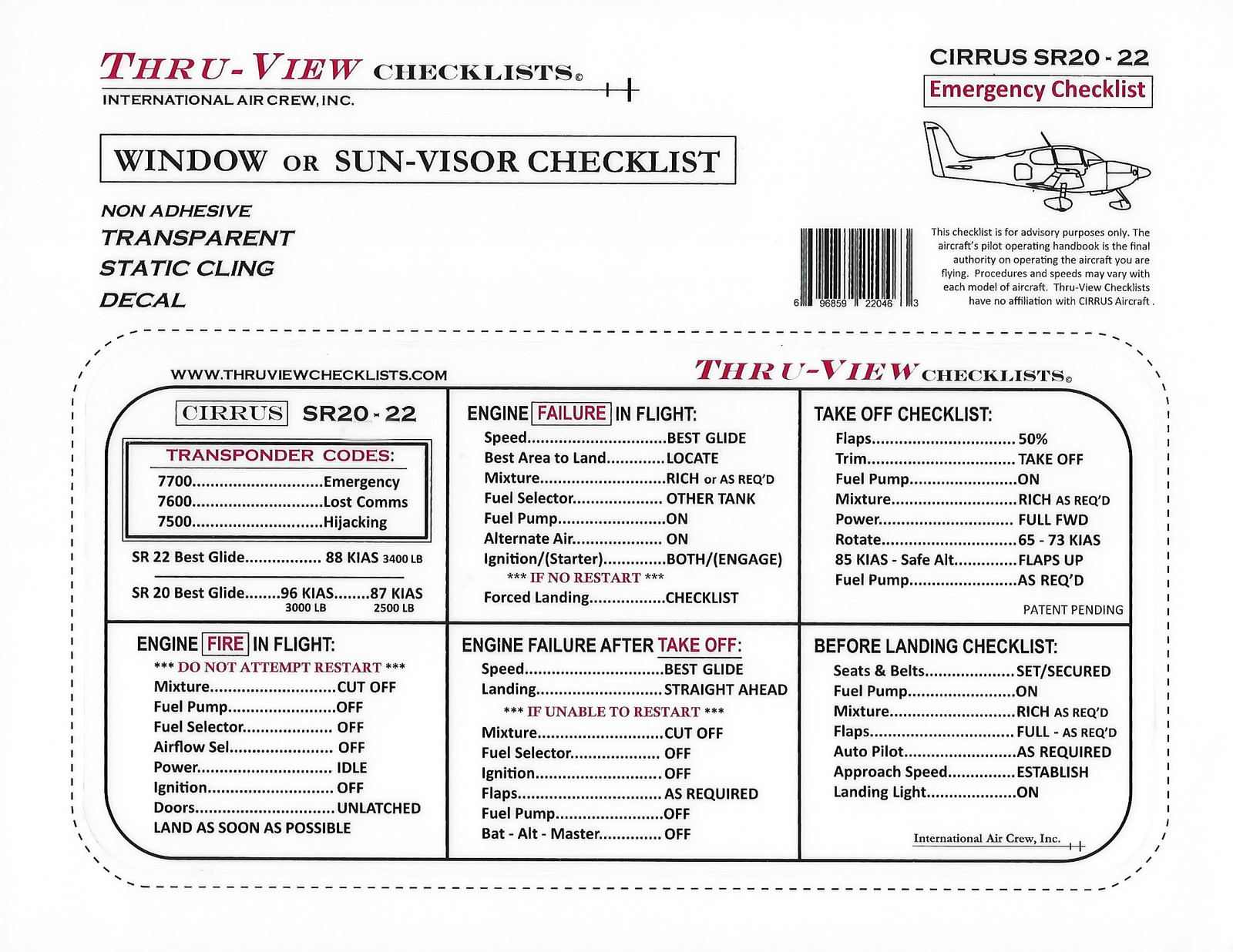Thru-View Emergency Aviation Checklist - Cirrus SR22 / SR20
