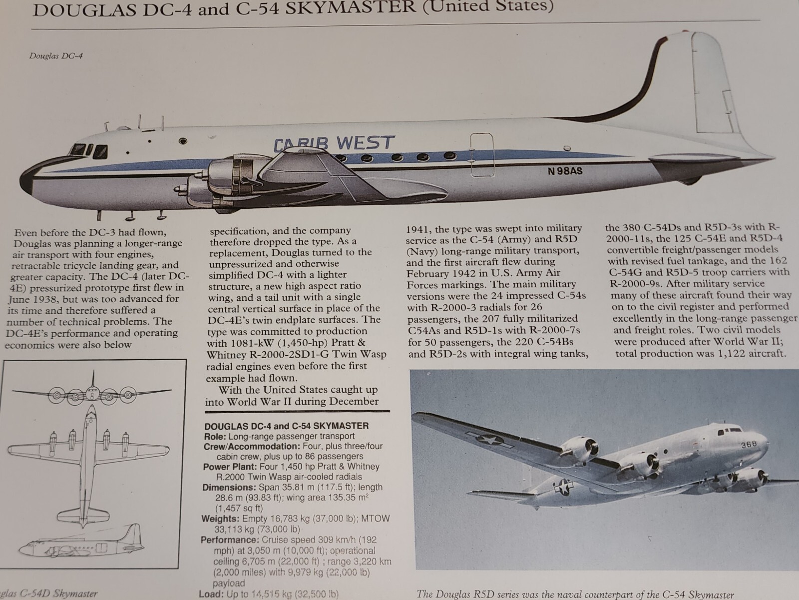 Douglas DC-4 DC 4 Picture Aircraft Out of Print Article Spec Sheet Wall Art
